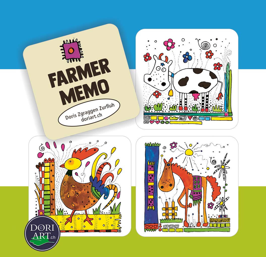 Ein Bild des Spiels «Farmer Memo» von Doris Zgraggen Zurfluh. Gezeigt werden vier quadratische Memo-Karten mit bunten, kindgerechten Illustrationen: eine Kuh auf einer Wiese mit Blumen, ein Hahn neben einem Zaun, ein Pferd vor einem Baum und einer Sonne sowie das Spiel-Logo auf einer separaten Karte.