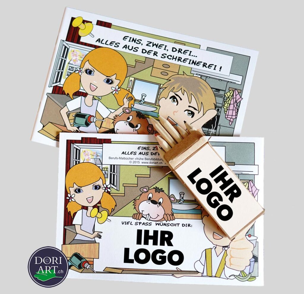 Zwei Malbücher für Kinder zum Thema Handwerk, mit dem Titel «Eins, zwei, drei... Alles aus der Schreinerei!» inklusive personalisierbarer Buntstifte gestaltet von Doris Zgraggen Zurfluh.
