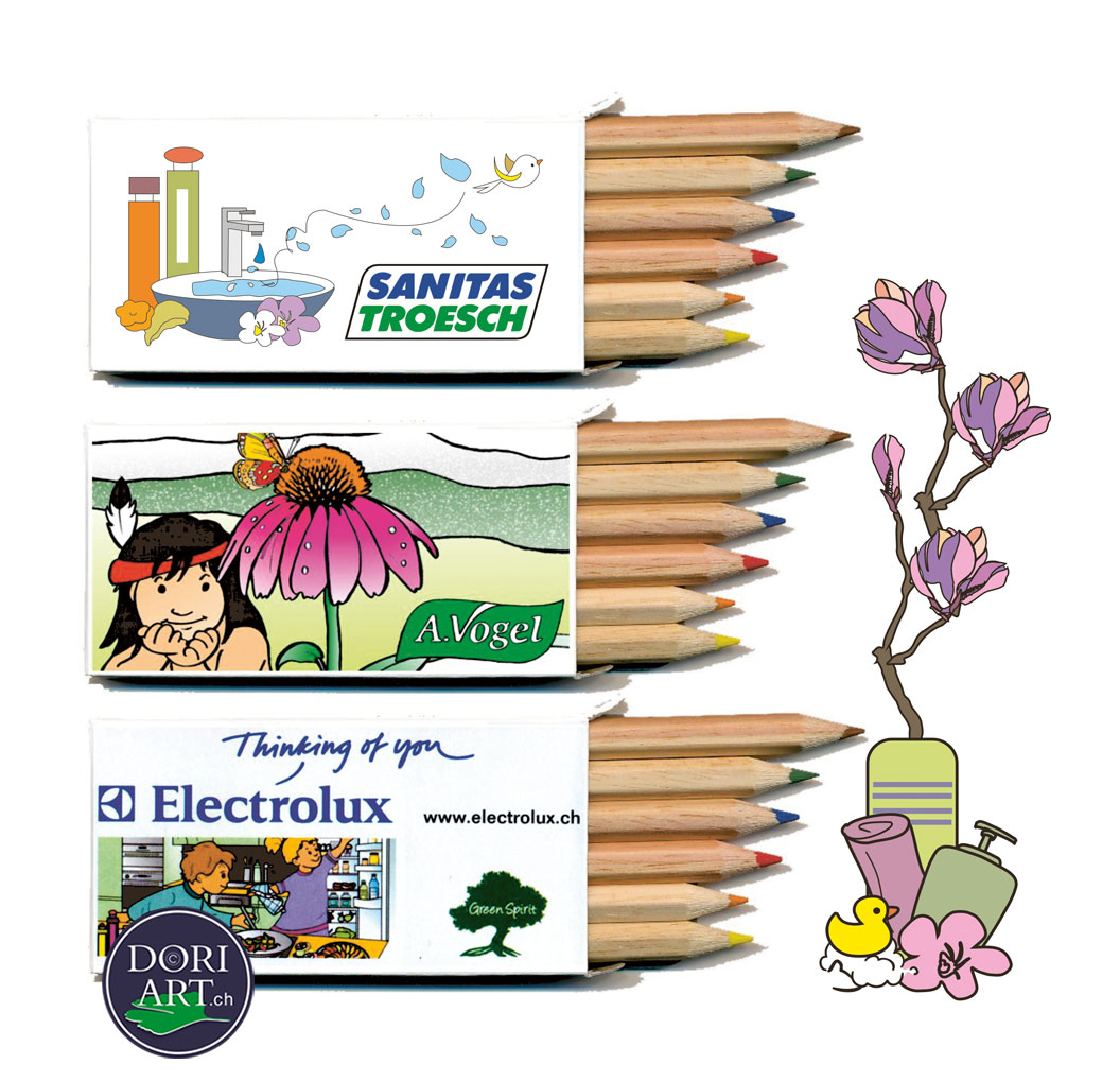 Drei Schachteln mit Buntstiften, bedruckt mit den Logos von Sanitas Troesch, A. Vogel und Electrolux gestaltet von Doris Zgraggen Zurfluh.