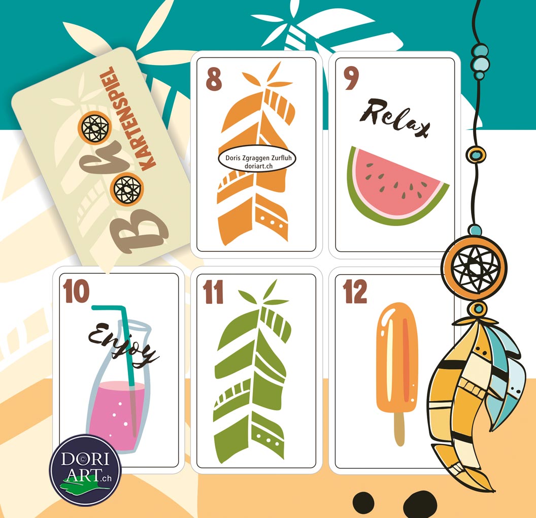 Detailansicht von sechs Karten aus einem Kartenspiel mit fröhlichen Sommermotiven wie einer Wassermelone, einem Eis am Stiel und einem Cocktail gestaltet von Doris Zgraggen Zurfluh.