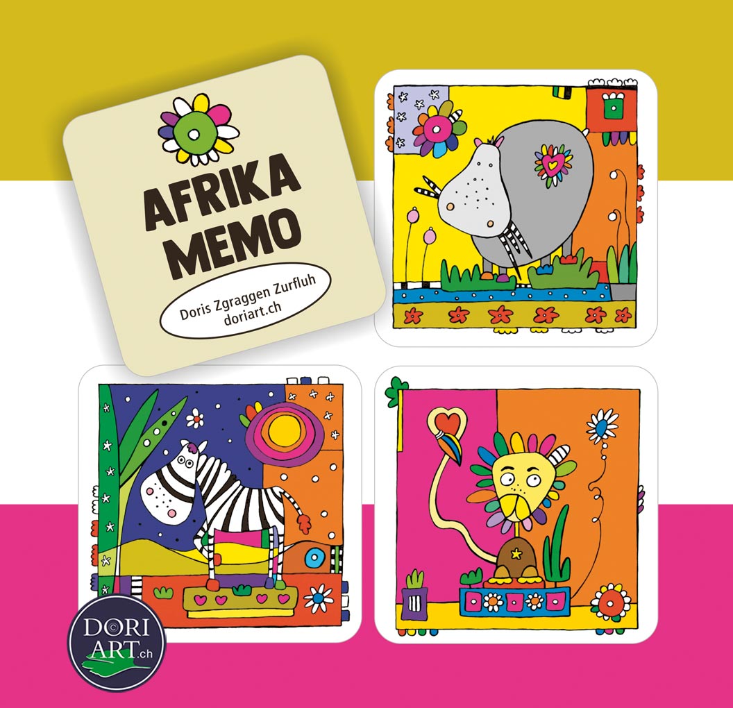 Ausschnitt aus einem bunten Memo-Spiel mit Tieren aus Afrika gestaltet von Doris Zgraggen Zurfluh.