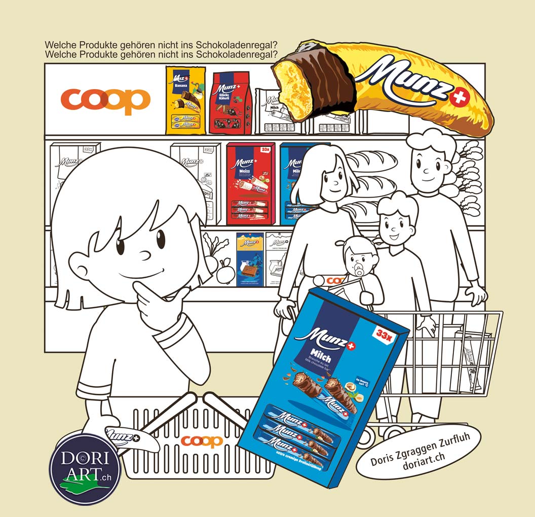 Illustration für «Munz» mit dem Titel welches Produkt gehört nicht ins Coop-Regal gestaltet von Doris Zgraggen Zurfluh.