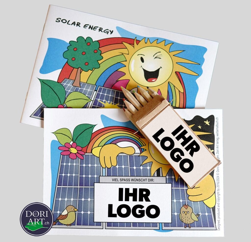Werbegeschenk: Malbuch mit Solarmotiv und personalisierten Buntstiften gestaltet von Doris Zgraggen Zurfluh.